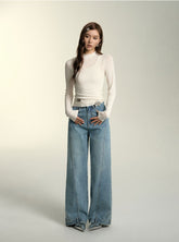 Light Blue Patchwork Wide-Leg Jeans - CHINASQUAD