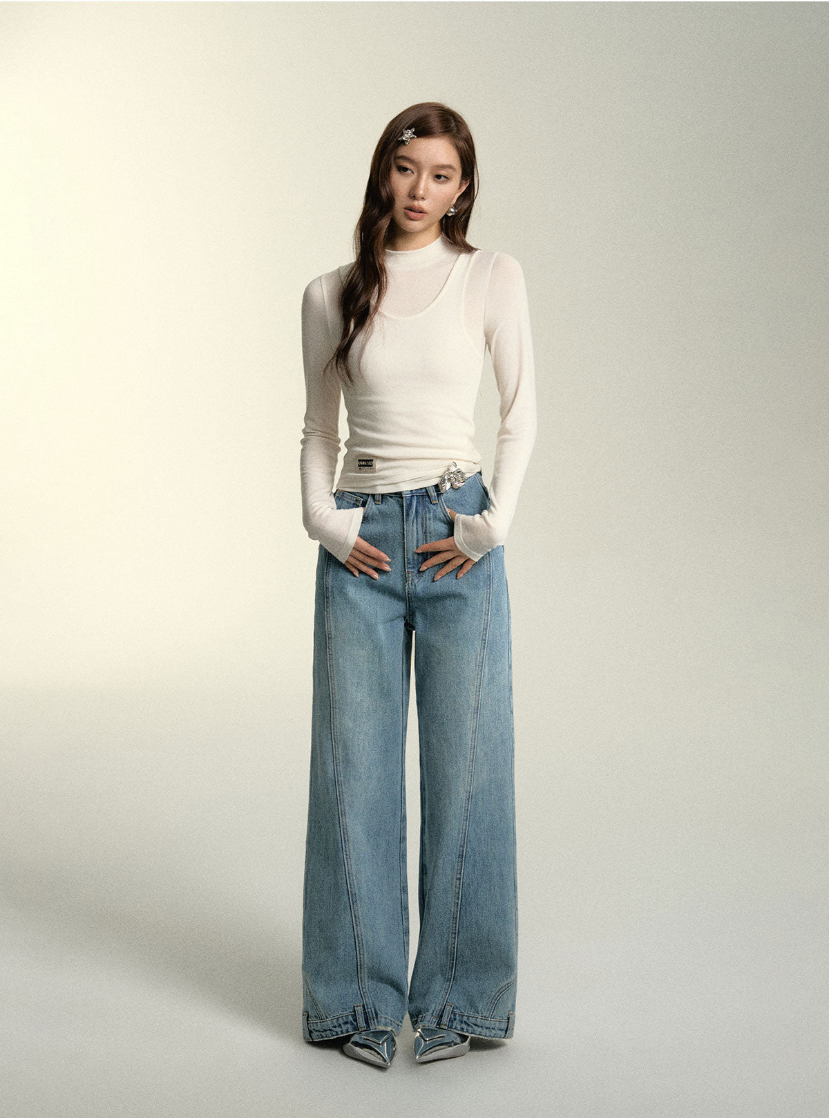 Light Blue Patchwork Wide-Leg Jeans - CHINASQUAD