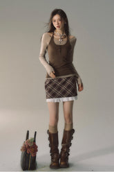 Khaki & Black Patchwork Checkered 2-in-1 Mini Skirt - CHINASQUAD