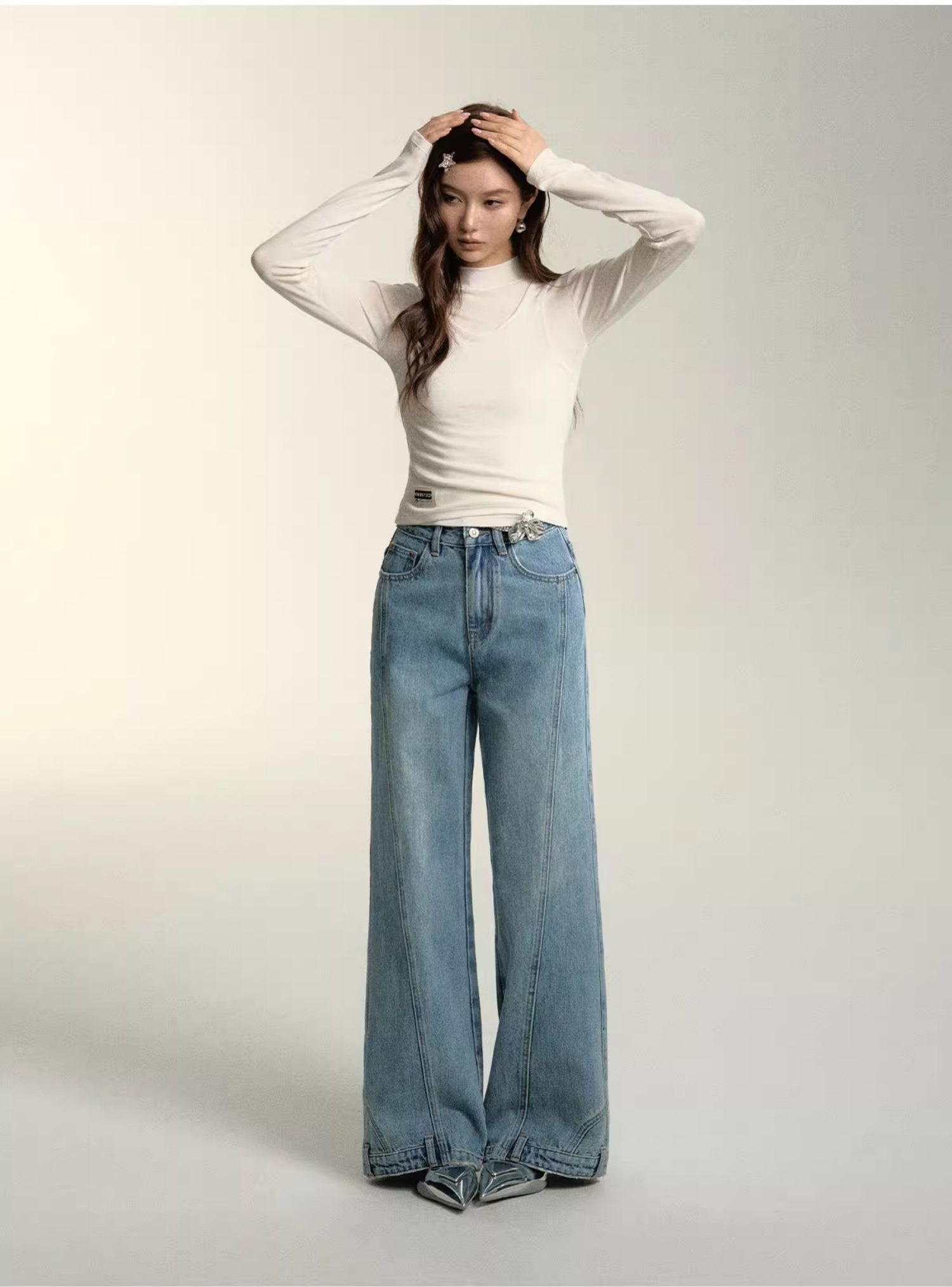 Light Blue Patchwork Wide-Leg Jeans - CHINASQUAD