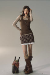 Khaki & Black Patchwork Checkered 2-in-1 Mini Skirt - CHINASQUAD