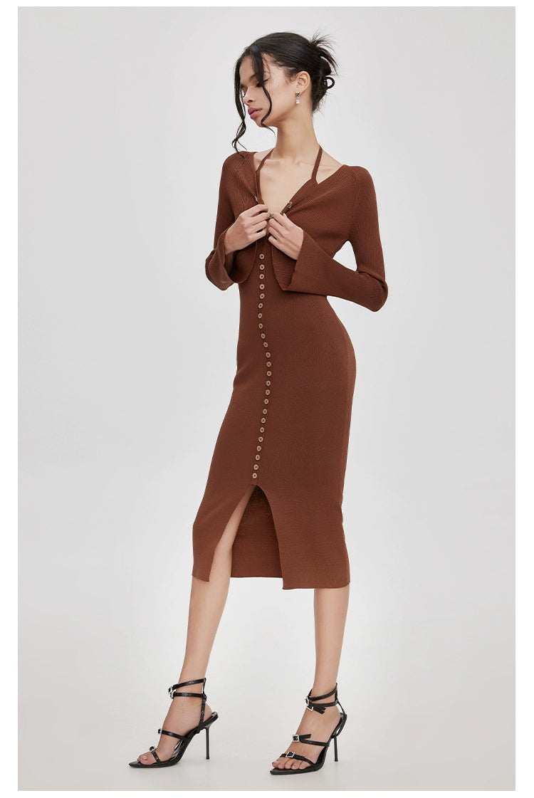 Knitted V-neck Mini Dress &amp; Cardigan Set - CHINASQUAD