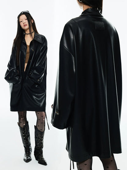 Black Trench Coat Leather Jacket - CHINASQUAD
