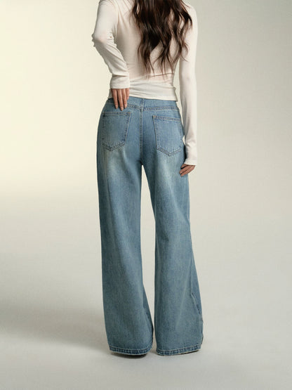 Light Blue Patchwork Wide-Leg Jeans - CHINASQUAD