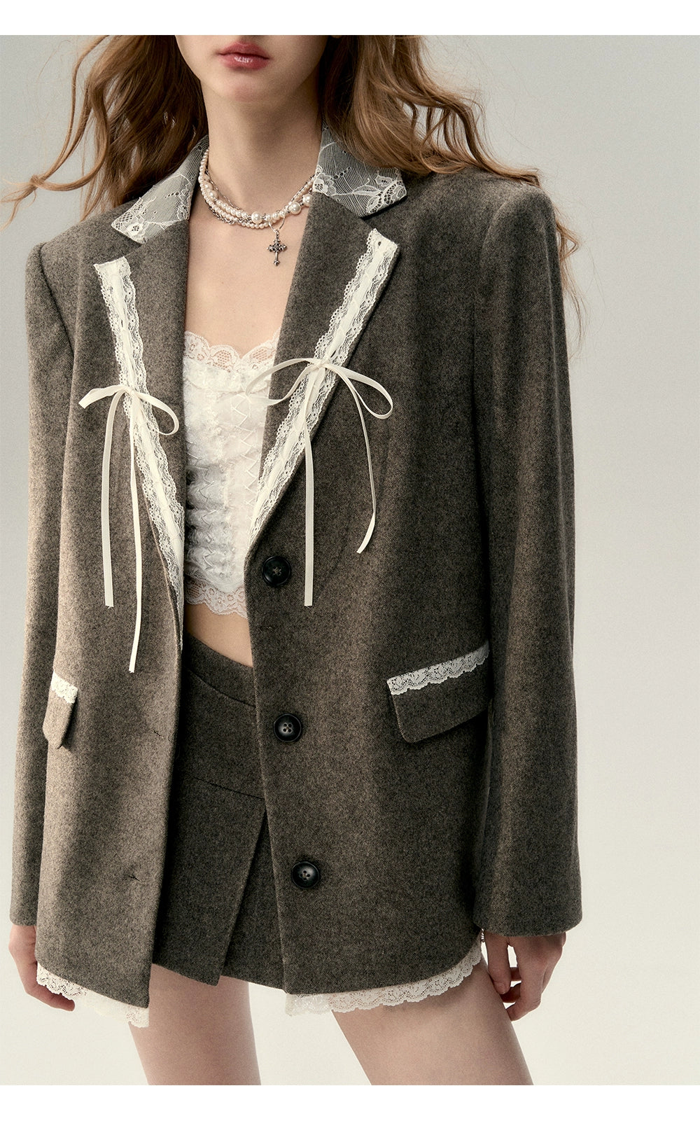 Taupe Lace Wool Blazer - CHINASQUAD