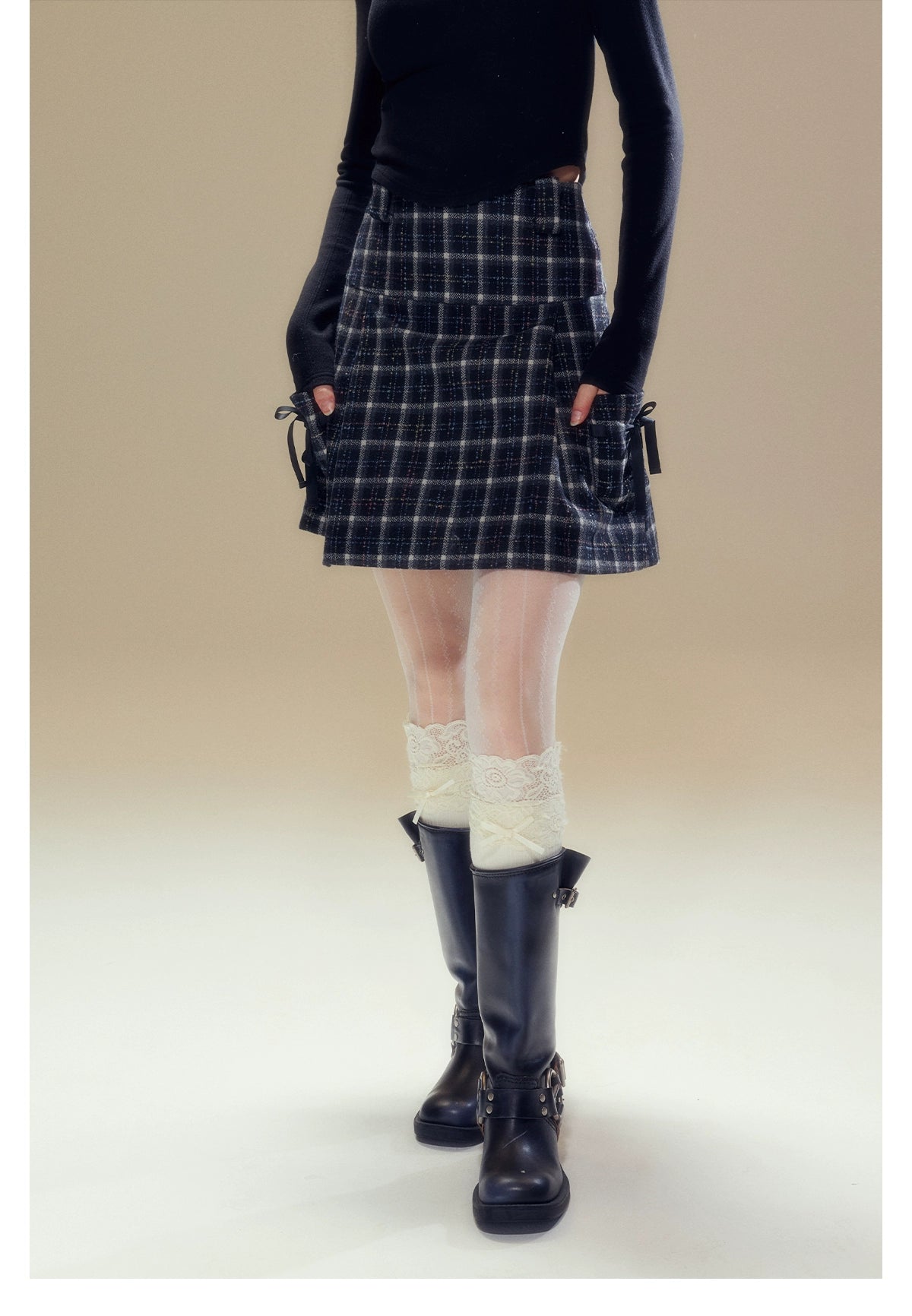 Black Plaid A-line Wool Skirt - CHINASQUAD