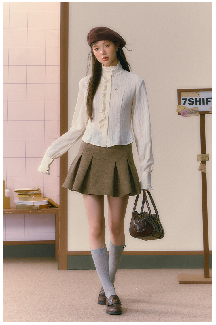 Khaki Three-Piece Merad High-End Suit Jacket &amp; Pleated Skirt Set - CHINASQUAD