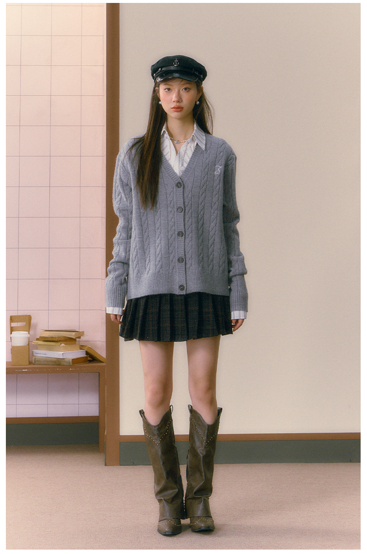 Gray &amp; Brown College Style Knitted Cardigan - CHINASQUAD