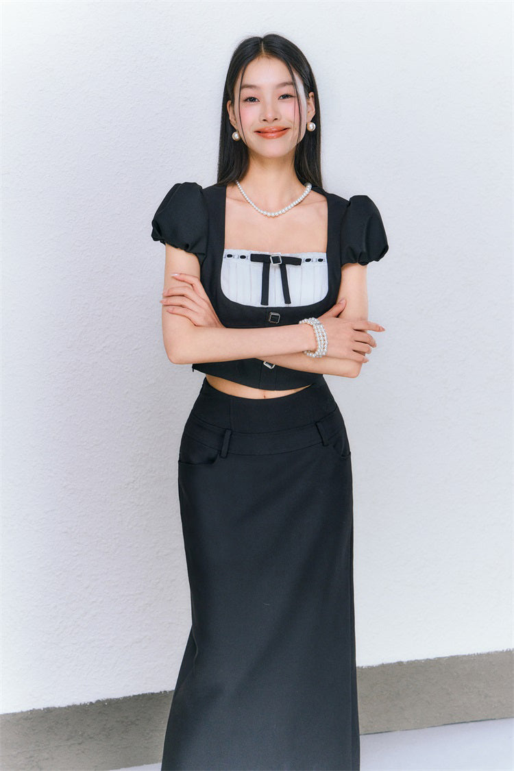 Black puff sleeve Square Neck Top &amp; Midi Skirt Set - CHINASQUAD