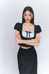 Black puff sleeve Square Neck Top & Midi Skirt Set - CHINASQUAD