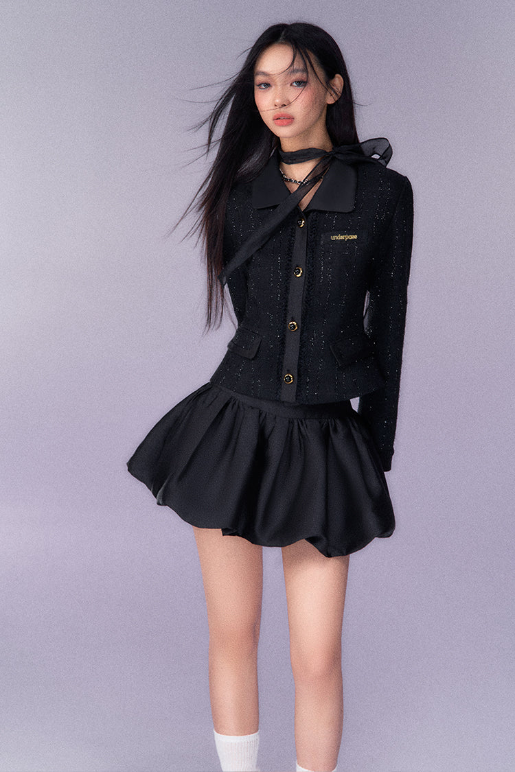 (Final Sale) Black Bouclé Blazer &amp; Bubble Skirt Set - CHINASQUAD