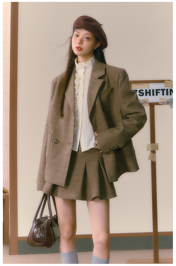 Khaki Three-Piece Merad High-End Suit Jacket &amp; Pleated Skirt Set - CHINASQUAD