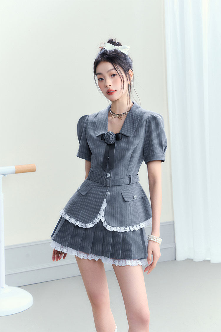 Stripe Patterned Top and Low Waist Pleated Skirt Set - CHINASQUAD