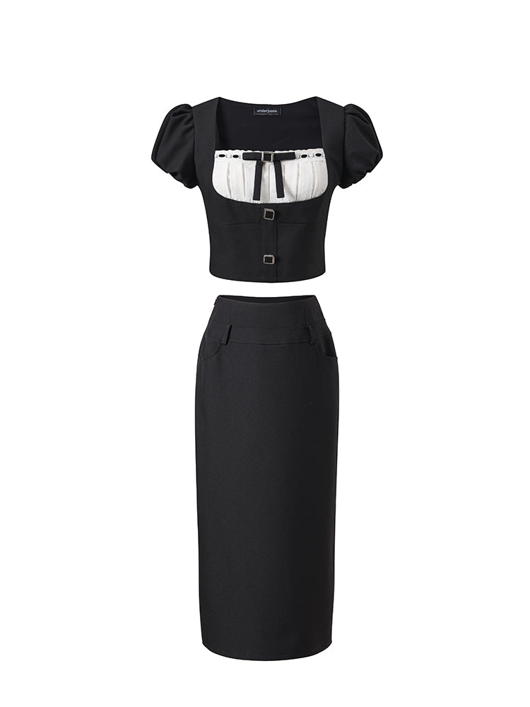 Black puff sleeve Square Neck Top &amp; Midi Skirt Set - CHINASQUAD