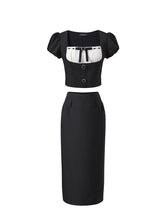 Black puff sleeve Square Neck Top & Midi Skirt Set - CHINASQUAD