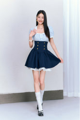 College Striped Shirt & Navy High Waist Skirt Set - CHINASQUAD