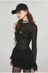 Ruffled Turtleneck Laced Sheer Blouse - CHINASQUAD