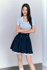 College Striped Shirt & Navy High Waist Skirt Set - CHINASQUAD