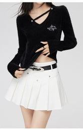 Black V-neck Knitted Long-sleeve Sweater - CHINASQUAD