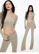 Crewneck Short Cardigan & Flared Pants Set - CHINASQUAD