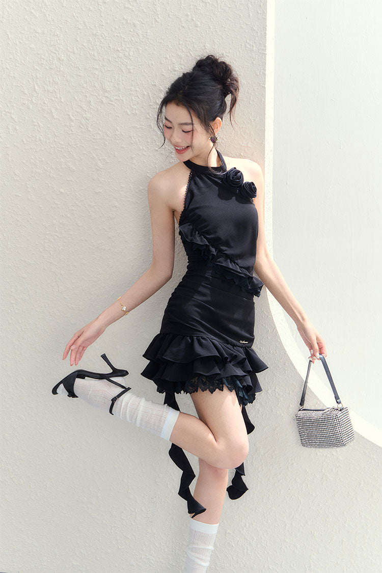 Black Rose Halter Neck Ribbon Dress - CHINASQUAD