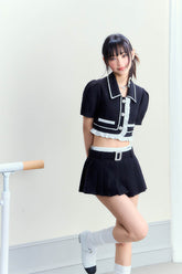 Vintage Polo Collar Top & Black Pleated Skirt Set - CHINASQUAD