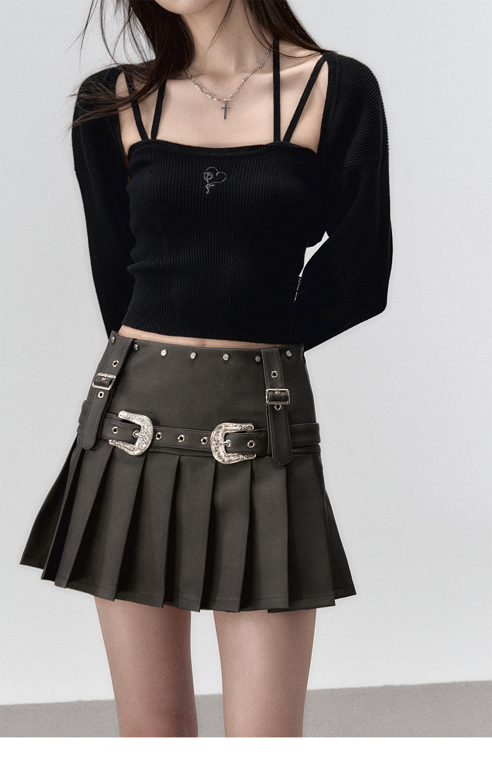 Brown Metallic Belt &amp; Pleated Skirt - CHINASQUAD