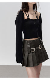 Brown Metallic Belt & Pleated Skirt - CHINASQUAD