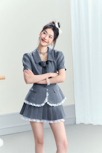 Stripe Patterned Top and Low Waist Pleated Skirt Set - CHINASQUAD