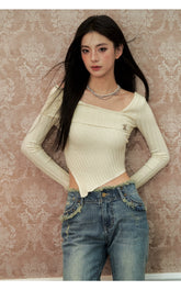 Apricot & Gray Off-shoulder Asymmetric Sweater - CHINASQUAD