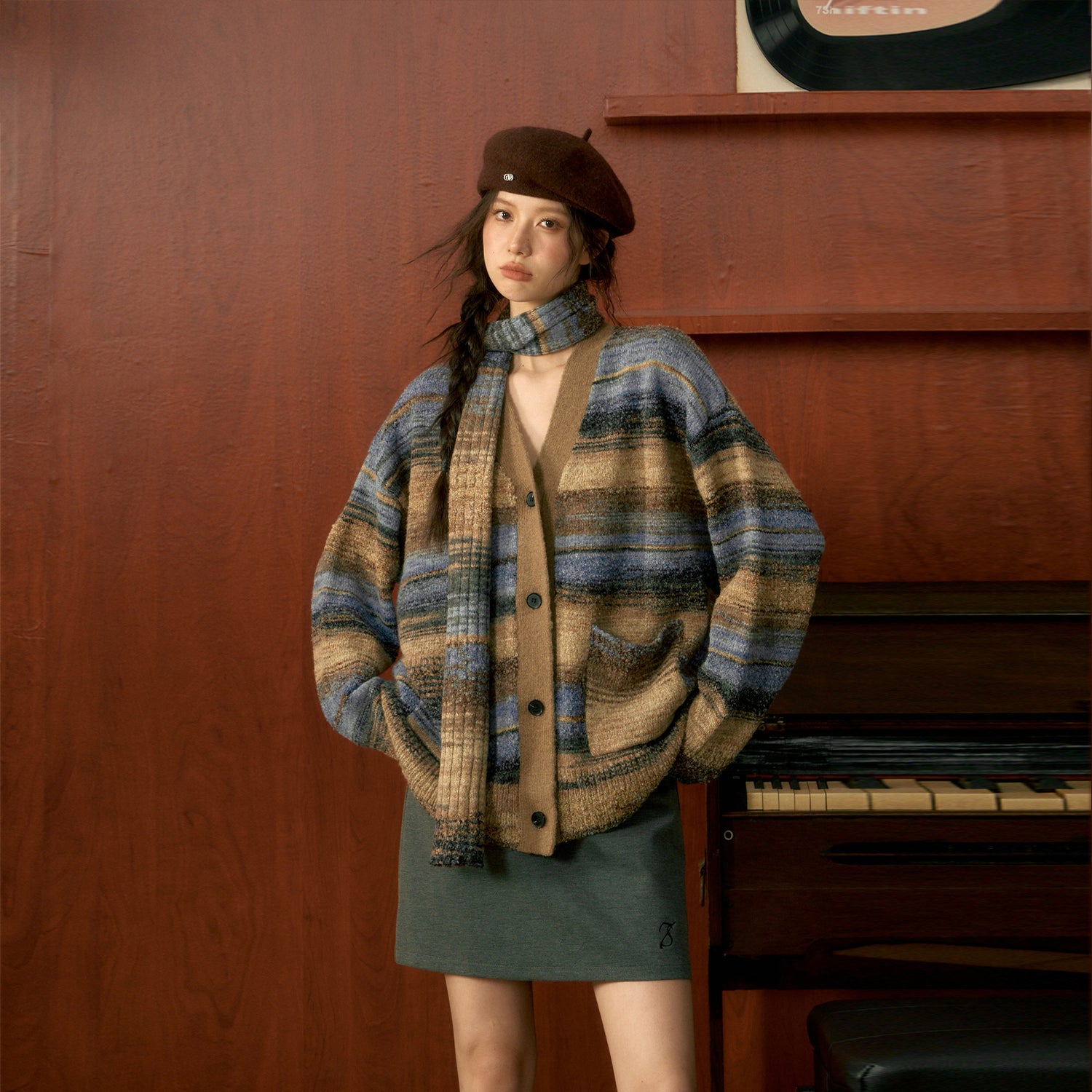 Striped Knit Cardigan &amp; Scarf Set - CHINASQUAD