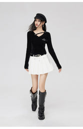 Black V-neck Knitted Long-sleeve Sweater - CHINASQUAD