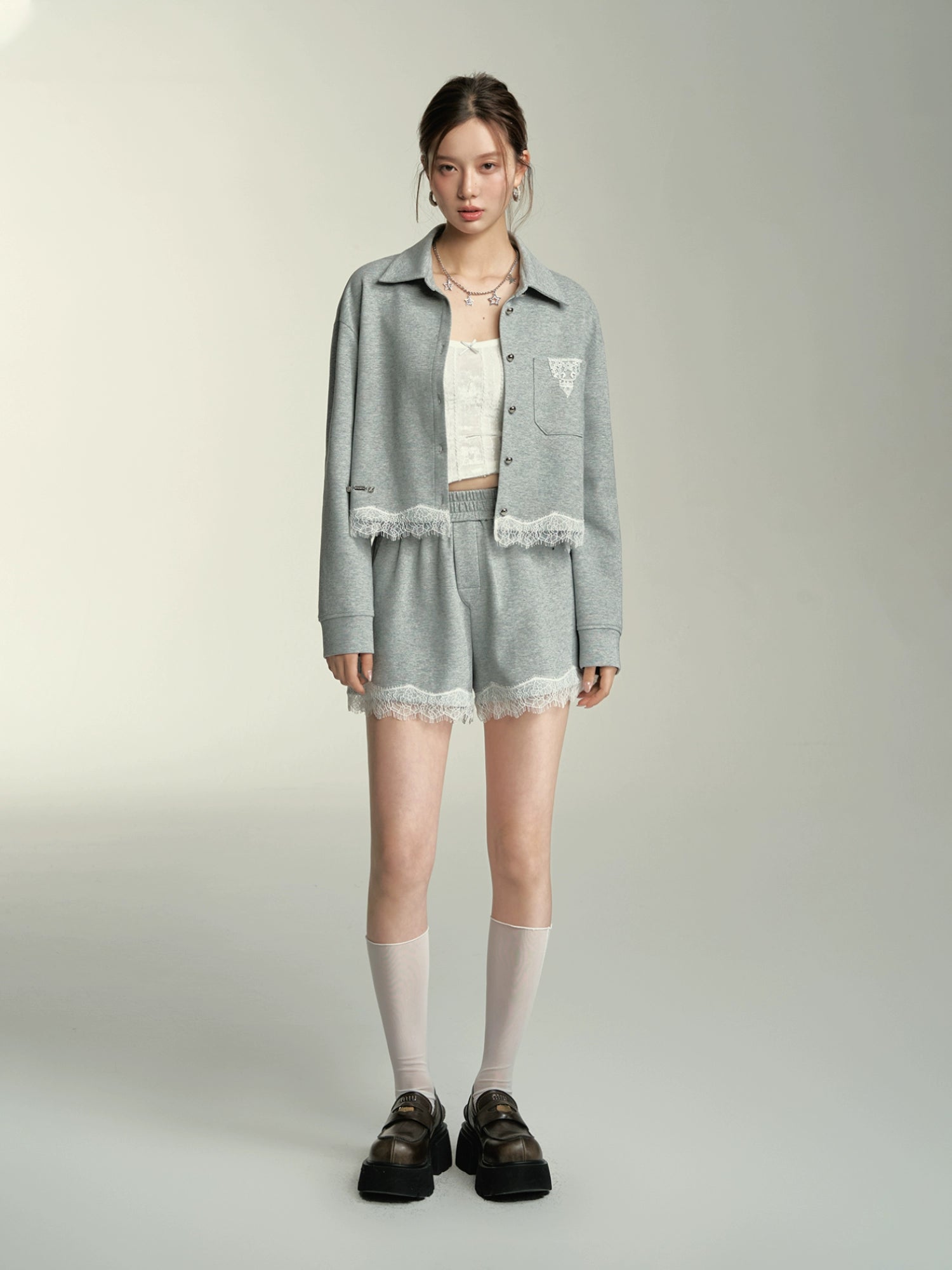 Grey Lace Spliced Cardigan &amp; Shorts Sets - CHINASQUAD
