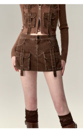 Brown & Black Denim Mini Skirt - CHINASQUAD