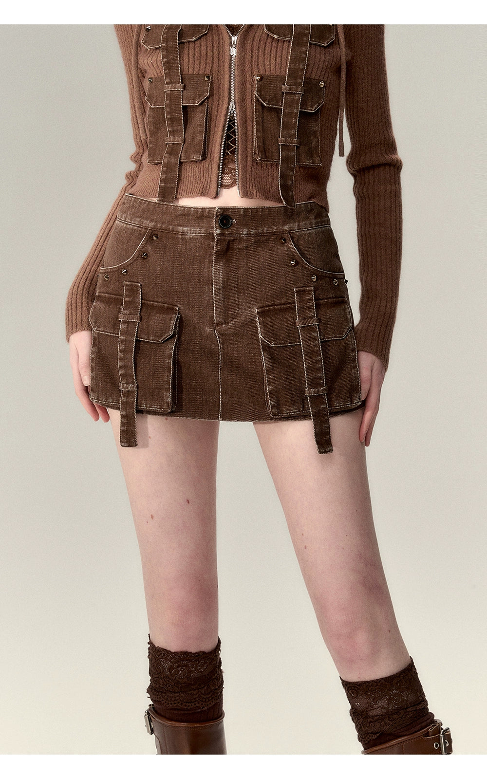 Brown &amp; Black Denim Mini Skirt - CHINASQUAD