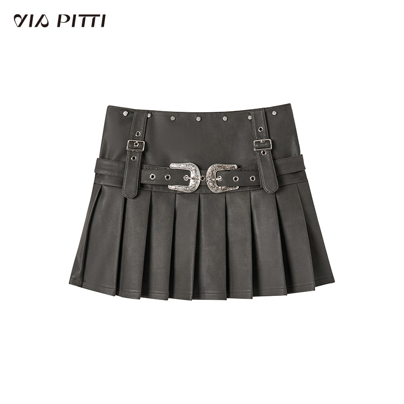 Brown Metallic Belt &amp; Pleated Skirt - CHINASQUAD