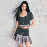 Grey Stripe Blouse & Mini Skirt Set - CHINASQUAD