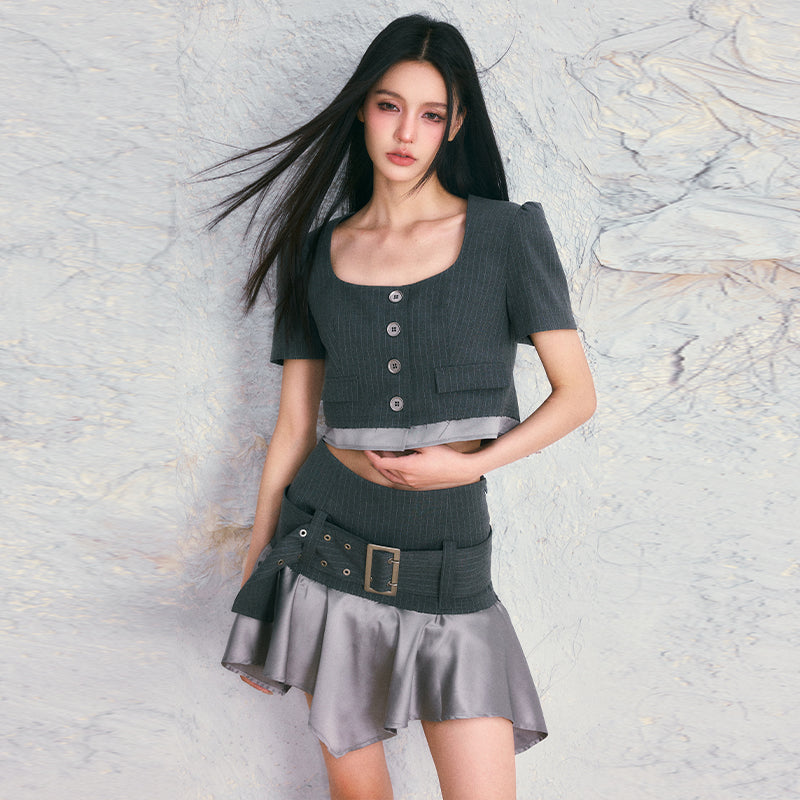 Grey Stripe Blouse &amp; Mini Skirt Set - CHINASQUAD