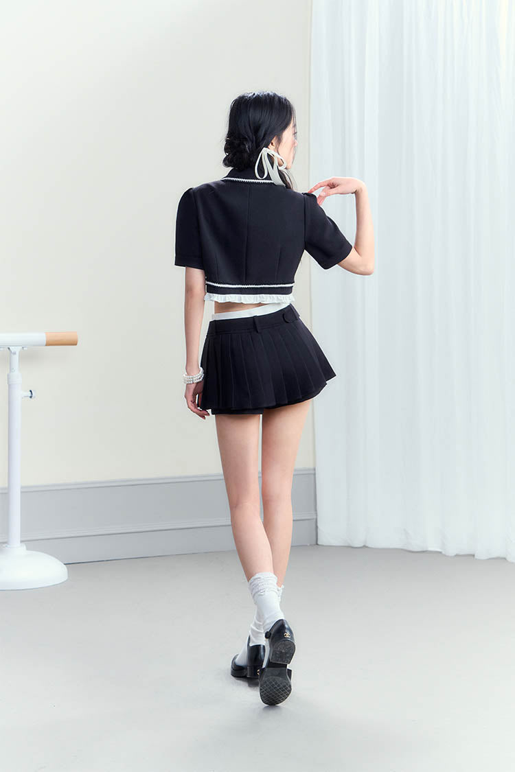 Vintage Polo Collar Top &amp; Black Pleated Skirt Set - CHINASQUAD