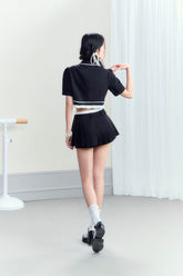 Vintage Polo Collar Top & Black Pleated Skirt Set - CHINASQUAD