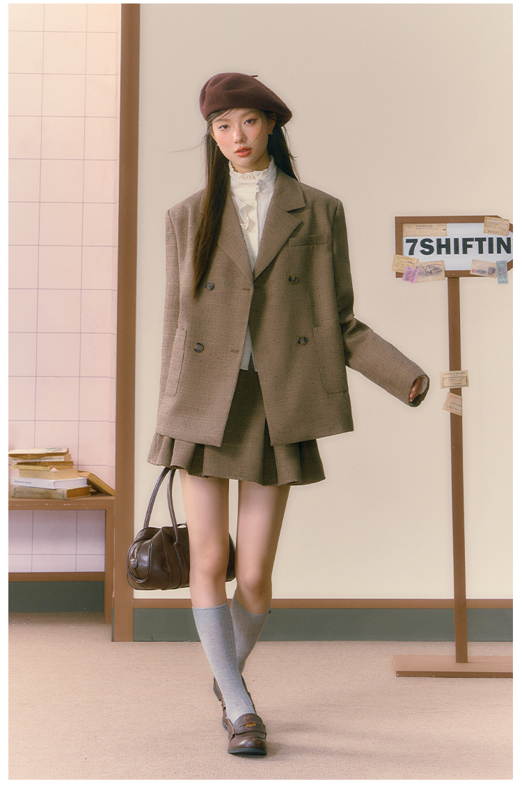 Khaki Three-Piece Merad High-End Suit Jacket &amp; Pleated Skirt Set - CHINASQUAD