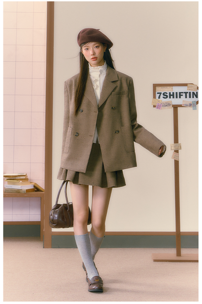 Khaki Three-Piece Merad High-End Suit Jacket &amp; Pleated Skirt Set - CHINASQUAD