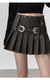 Brown Metallic Belt & Pleated Skirt - CHINASQUAD