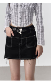 Black Denim 2-in-1 Studded Frayed Mini Skirt - CHINASQUAD