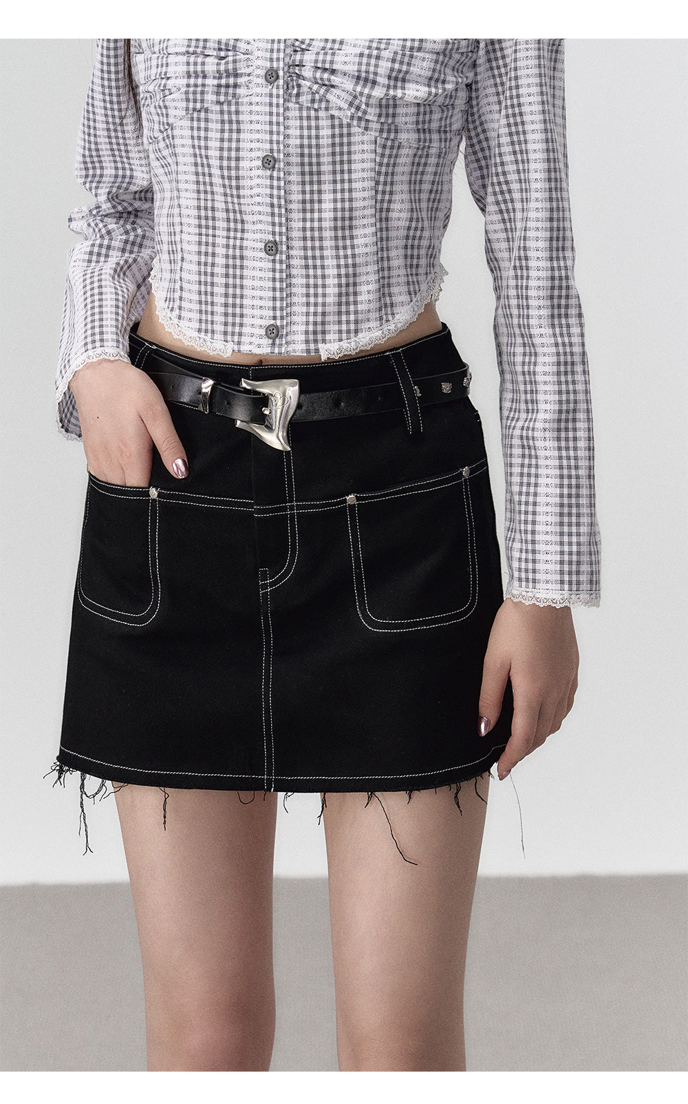 Black Denim 2-in-1 Studded Frayed Mini Skirt - CHINASQUAD