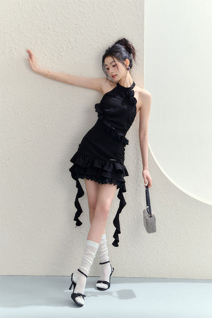 Black Rose Halter Neck Ribbon Dress - CHINASQUAD