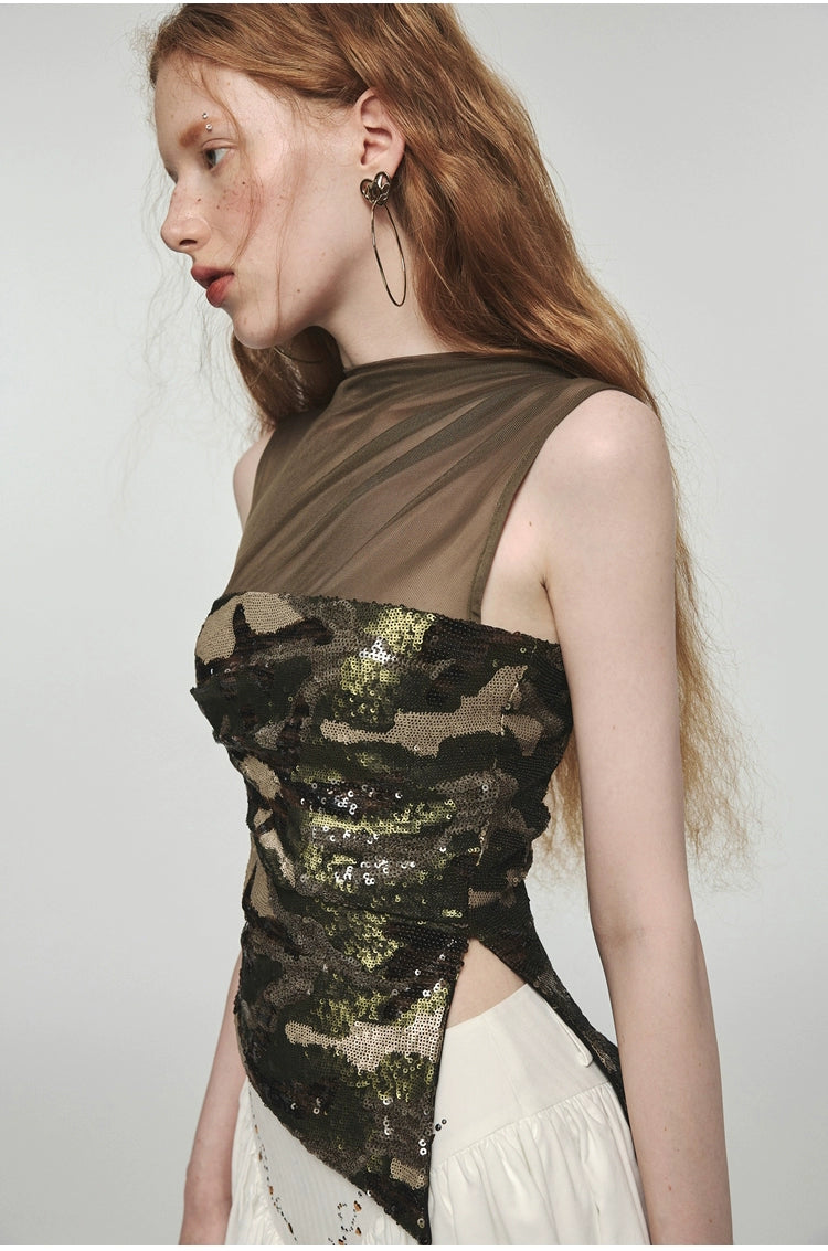 Camouflage Sequin Mesh Tank Top Camouflage S