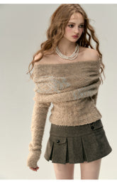 Black & Khaki Off-shoulder Wool Knitted Sweater - CHINASQUAD