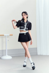 Vintage Polo Collar Top & Black Pleated Skirt Set - CHINASQUAD