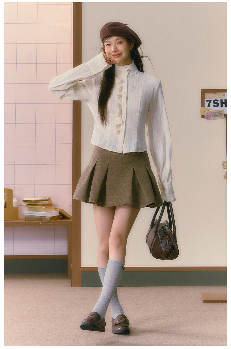 Khaki Three-Piece Merad High-End Suit Jacket &amp; Pleated Skirt Set - CHINASQUAD